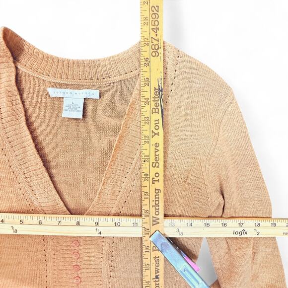 Susana Monaco Belted V-Neck Wool Sweater QuietLuxury L Camel Buttons Pointelle - Picture 12 of 12